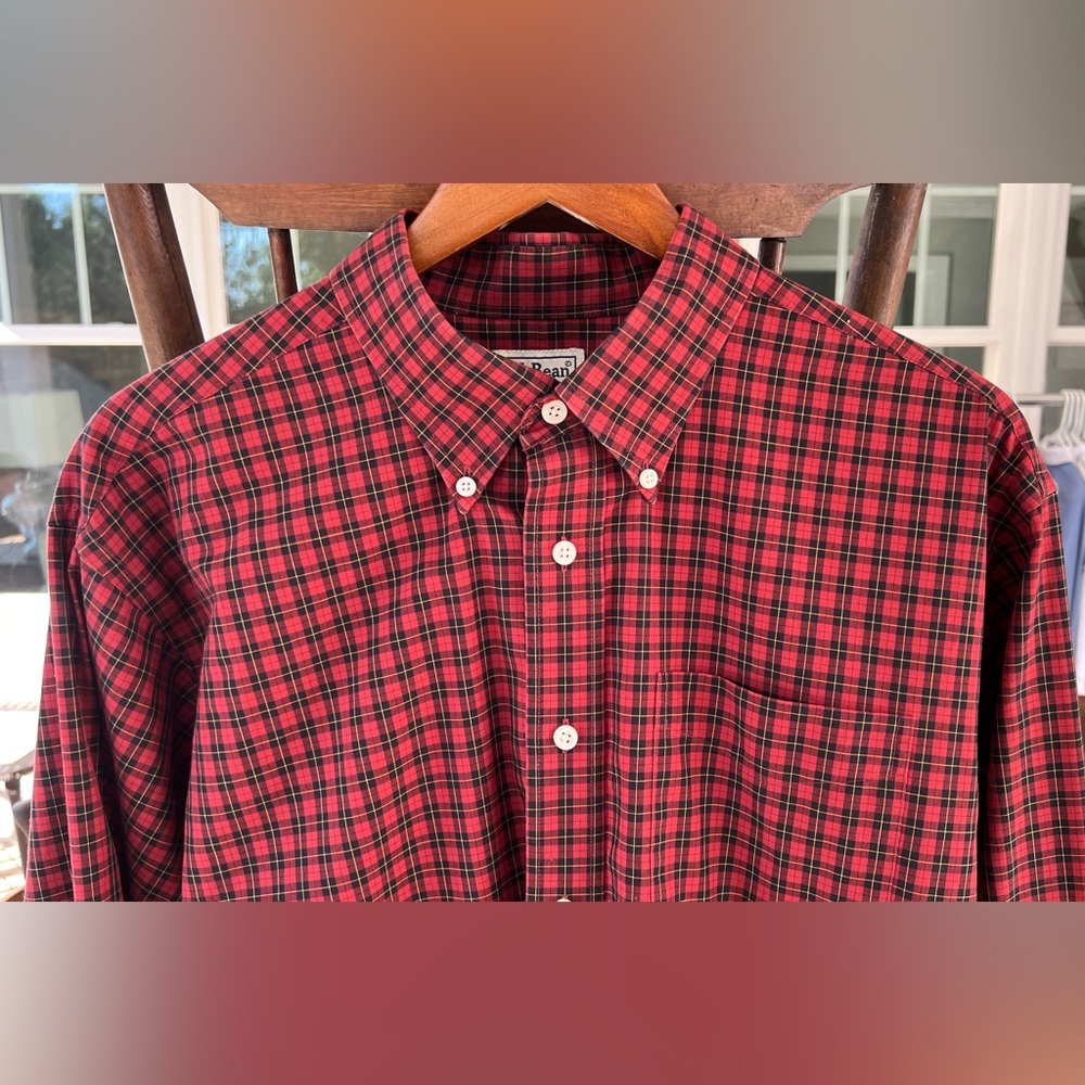LL Bean Men’s Maroon Red Plaid Long Sleeve Button Down Shirt Cotton Sz Large